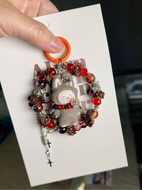 Plush La Bubu Charm Bracelet Keyring - Red & Brown Beaded